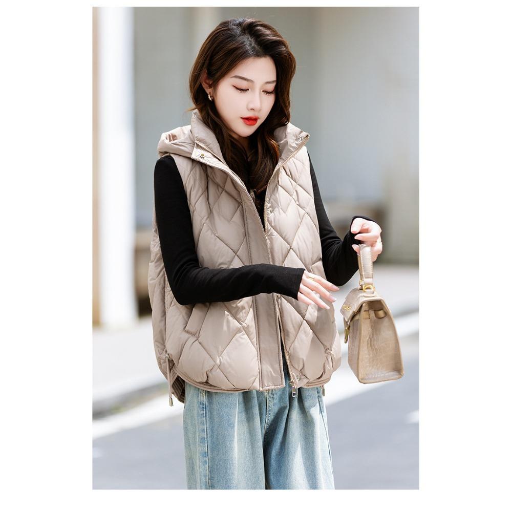 Women's Hooded Diamond‑Quilted Puffer Vest Sleeveless Drawstring Hem Warm Casual Winter Gilet Waistcoat