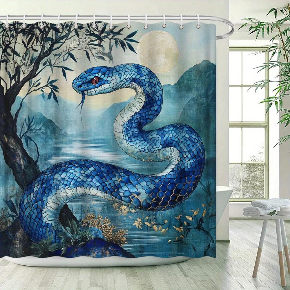 Majestic Blue Snake Shower Curtain - Intricate Scales, Misty Landscape Design, Polyester Fabric