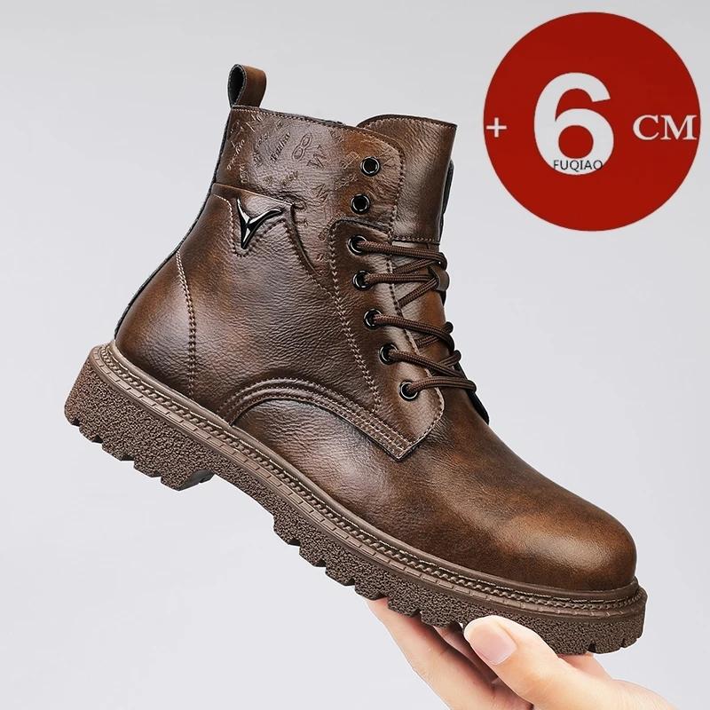 Botas Masculinas Aumentadoras de Altura Invisíveis de 6cm Couro Outdoor Outono Inverno Sapatos Quentes Antiderrapantes Confortáveis Botas de Cano Curto com Salto Interno