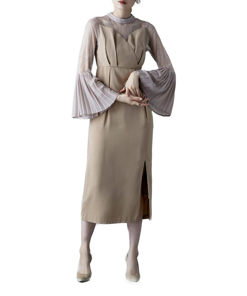 Pleated Bell Sleeve M [etoll] I-line Dress, One-piece, Wedding, After-party, Formal, Beige,