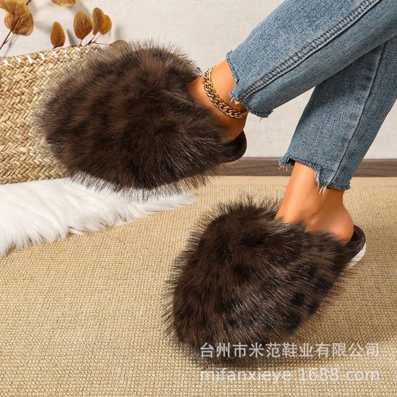 Leopardenmuster Langhaar-Taschenkopf Warme Baumwollpantoffeln Damen Flauschige Haar Pantoffeln