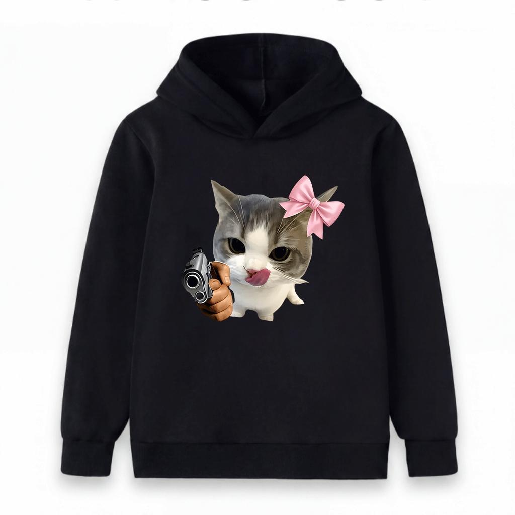Kids Boys Girls Pullover Hoodie, Cute Gray White Cat with Pink Bow Funny Gun Hand Meme Print Casual Soft Long Sleeve Hooded Sweatshirt for Children Da