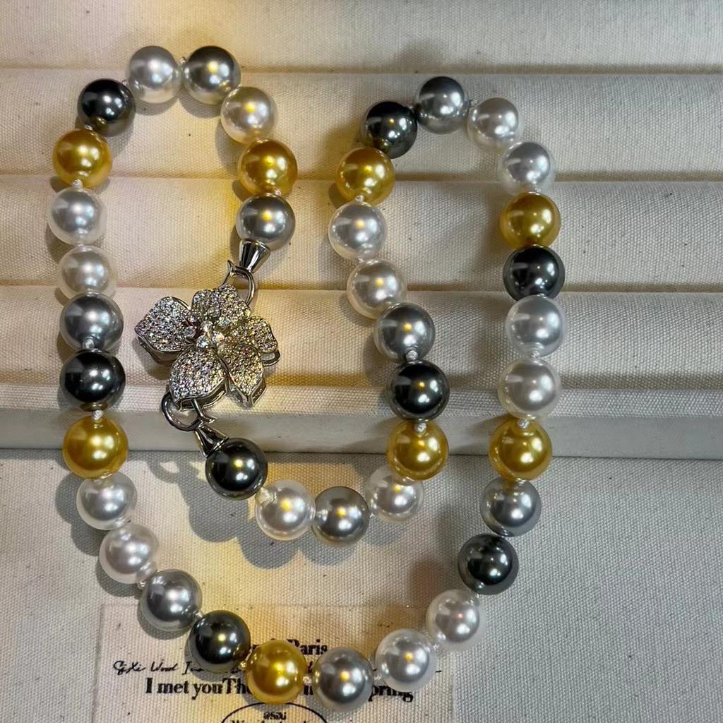 Light Luxury 925 Sterling Silver Full Diamond Flower Buckle Imported Craft Shijia Pearl Necklace Women'S Mixed Color Premium Clavicle Chain