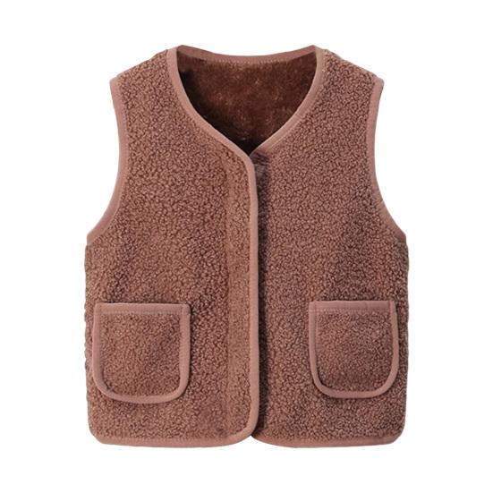Barn Fleece Vest Ermløs Jakke Ensfarget V-hals Glidelåsvest med Lommer Varm Vinter Plysjvest for Gutter Jenter