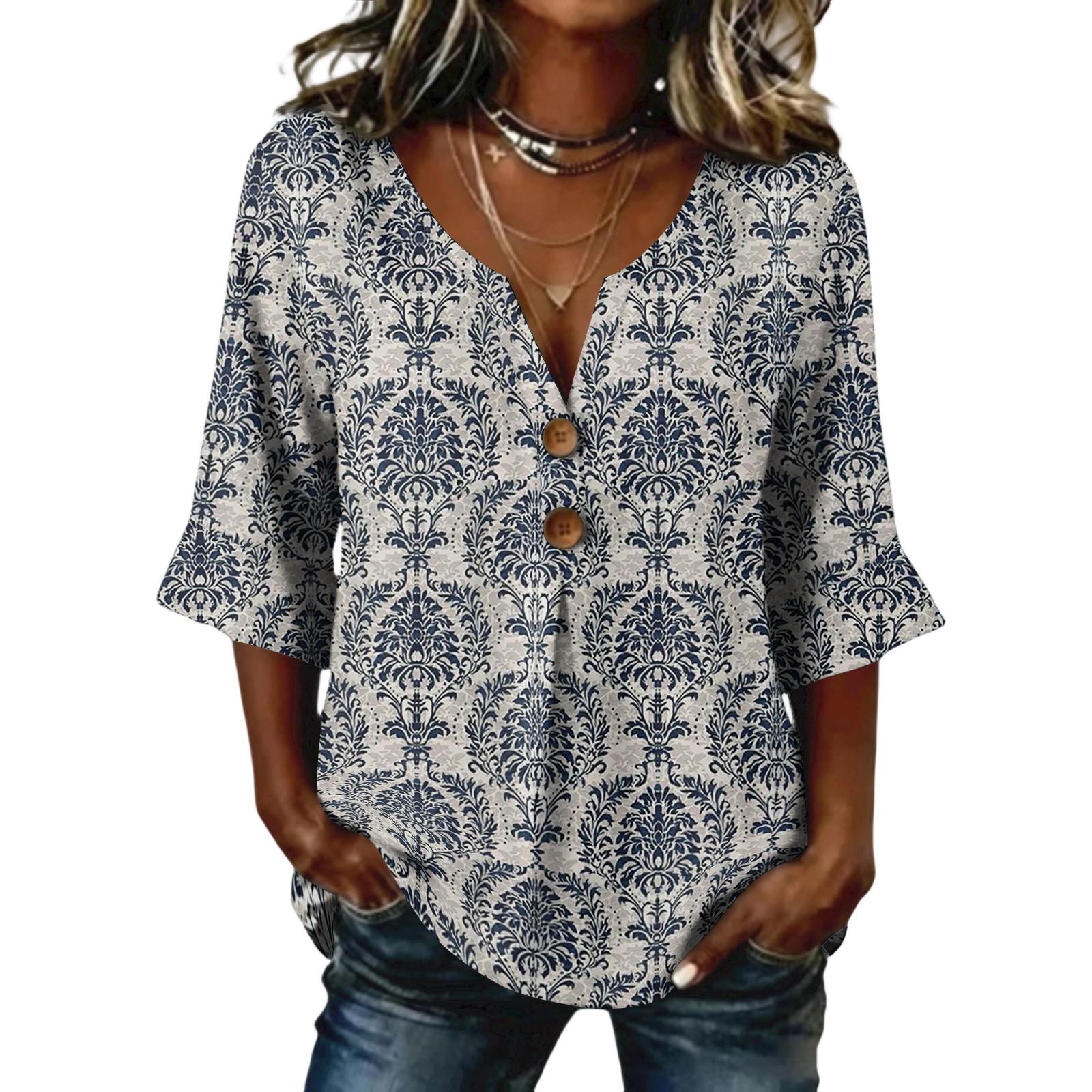 

Long Sleeve Shirts for Women V Neck Button Floral Print Womens Long Sleeve Tops Casual Loose Long Sleeve Tops for Women XXL