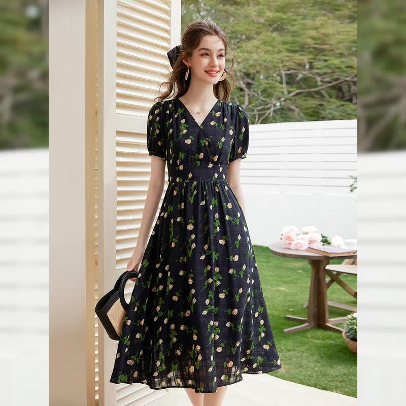 Bailuyu Floral Puff Sleeve V-Neck Tie-Waist Tea Midi Dress L