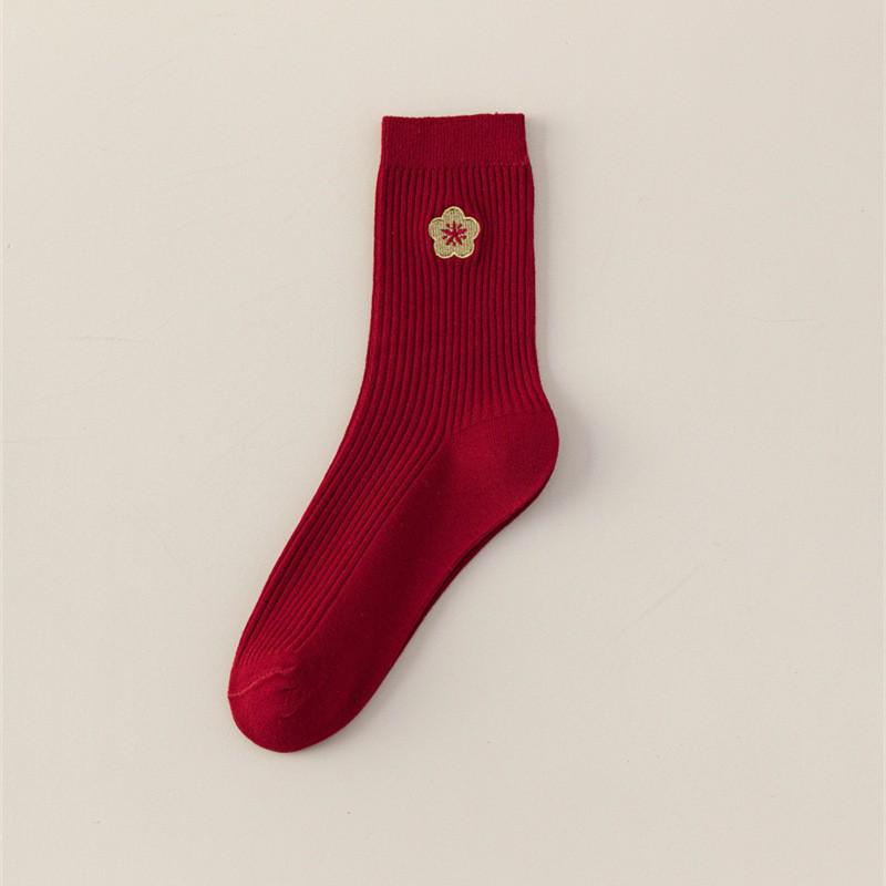 Women's Year of the Horse Red Zodiac Socks, Mid-Calf, Double Needle, Striped, Autumn/Winter.