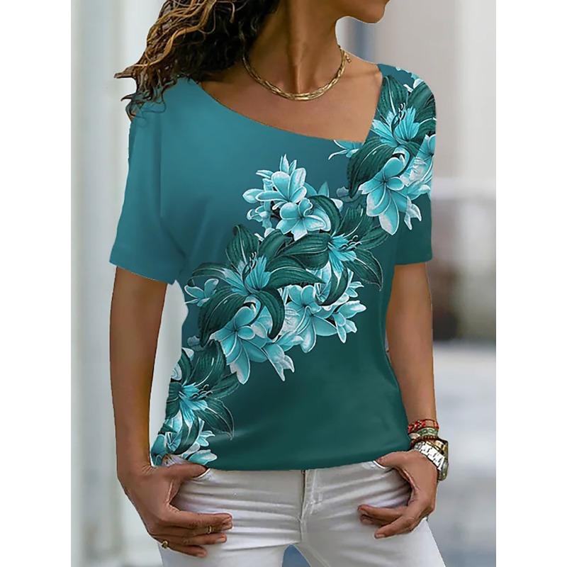 Damski T-shirt z motywem różanym, malowany, z nadrukiem graficznym, z dekoltem w serek, podstawowy top z krótkim rękawem, XS-8XL/Druk 3D