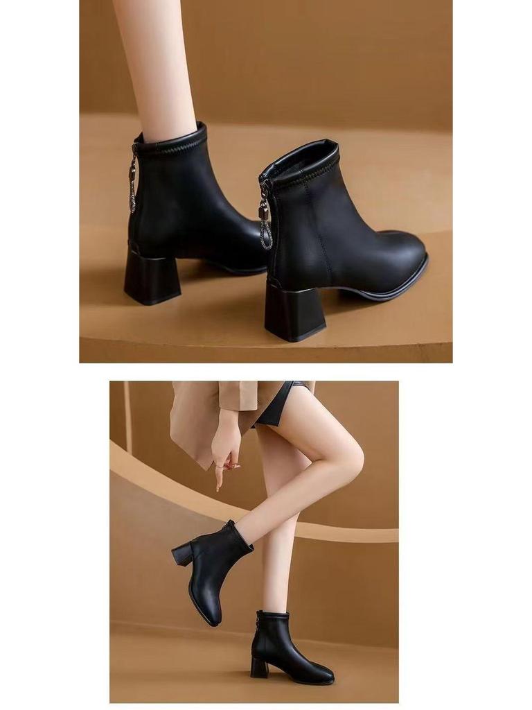 Women's French Soft Leather Ankle Boots, Velvet-Lined, Chunky Heel, Slim Fit, 2025 Autumn/Winter Collection