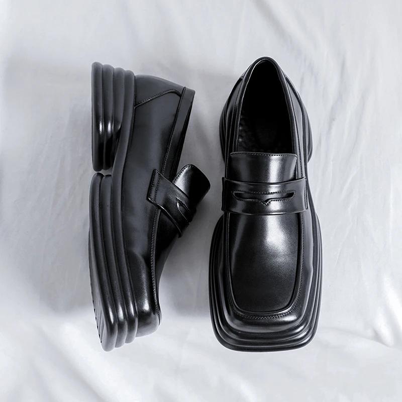 Men Square Toe Black Loafers Thick Sole PU Solid Color Mask Decoration Versatile Work Shoes Fashionable Business Men Shoes