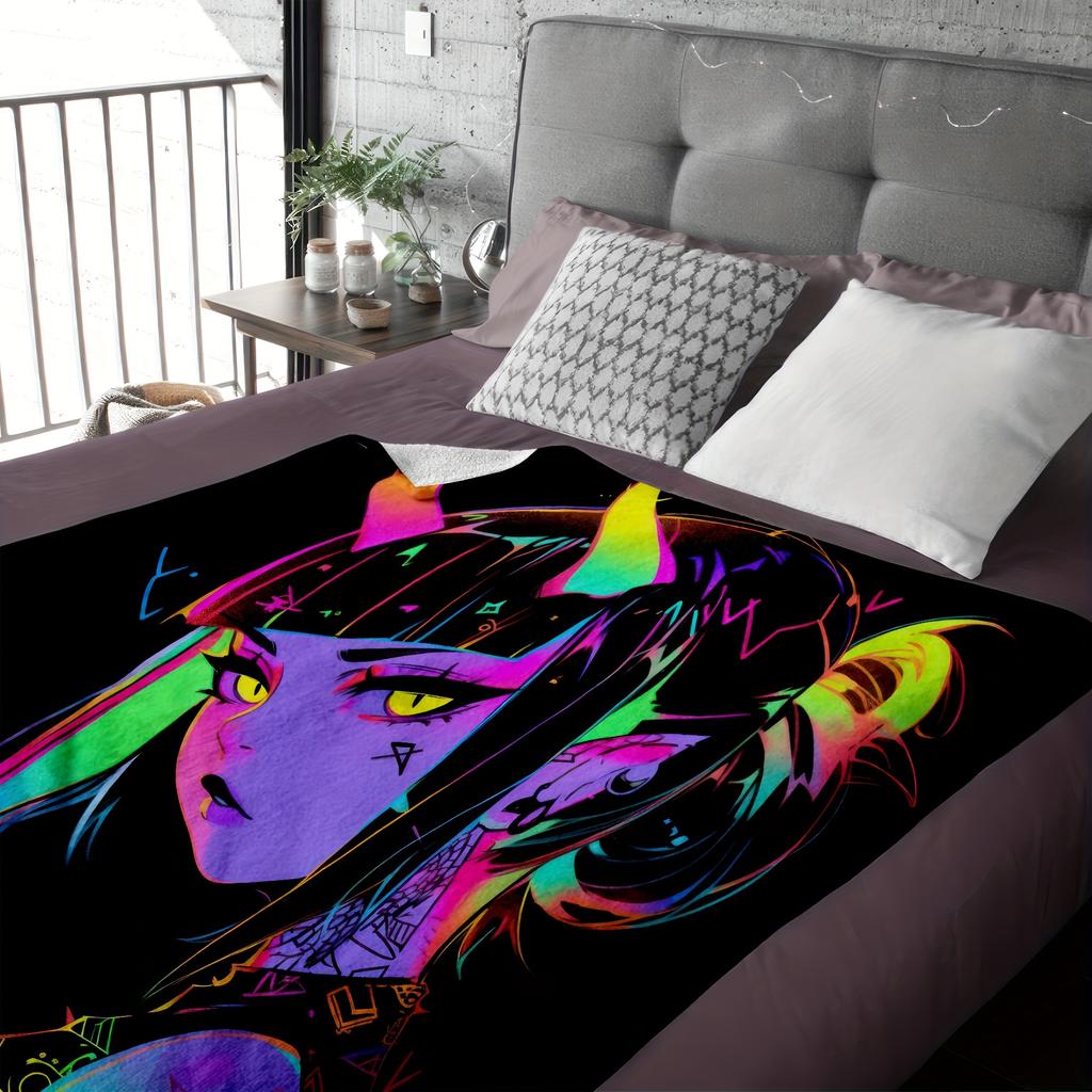 Vibrant Demon Character Blanket - Soft Cozy Throw with Neon Colors, Perfect for Home Decor, Unique Gift for Anime Lovers