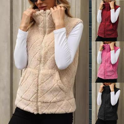 Women's Casual Fashion Solid Color Long Sleeved  Zipper Loose Pocket Jacket Plush Vest