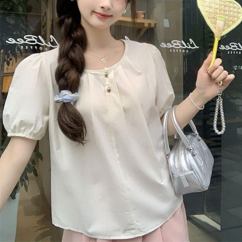 Sweet French Summer Design New Puff Short-sleeved Solid Color Loose Shirt Top