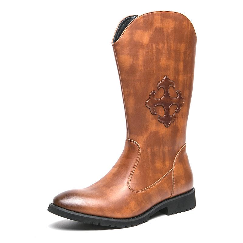 Bottes Western Cowboy en Cuir Mi-Mollet Style Européen & Américain pour Homme avec Fermeture Éclair