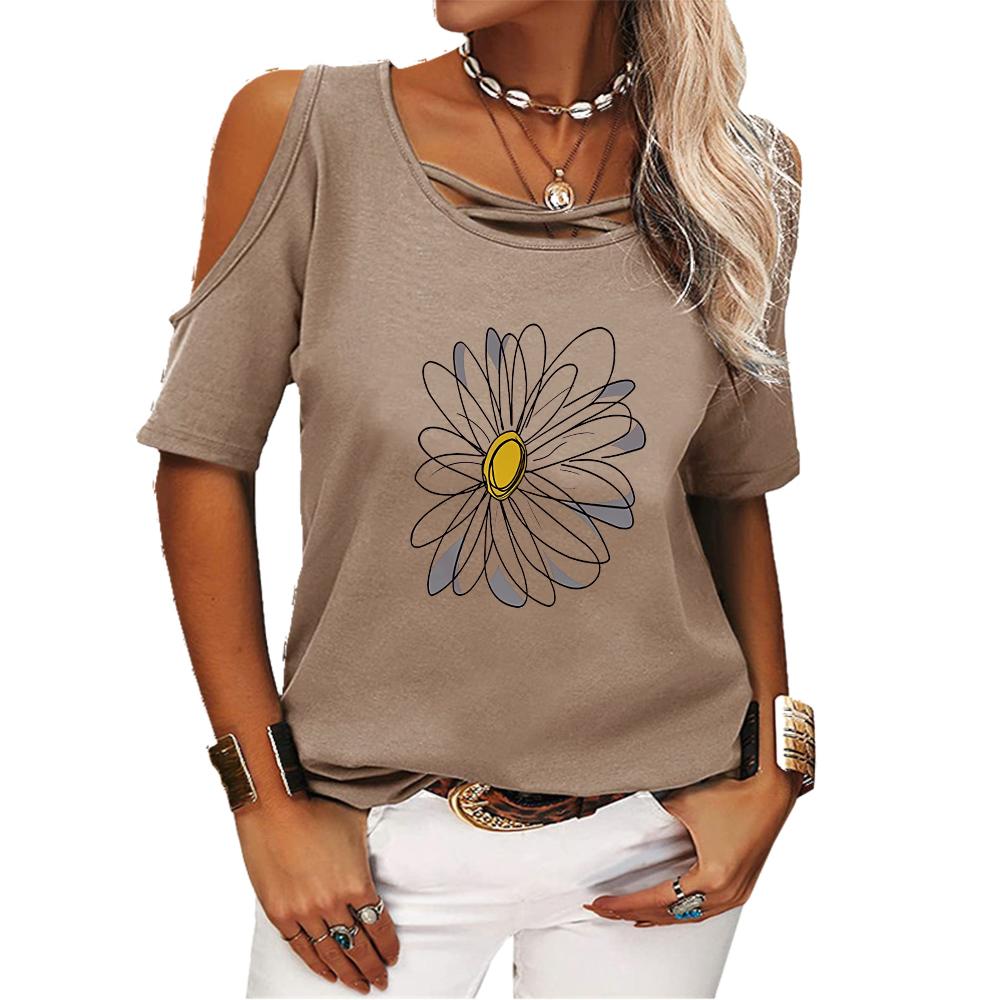 Women Fashion Off Shoulder Top Summer Print Short Sleeved Tee Shirt Ladies Casual Round Collar T-shirt