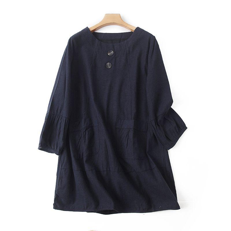 

Хлопково-льняное платье с круглым вырезом и длинными рукавами, весенняя новинка, свободный пуловер, повседневное, средней длины, длинное, женская юбка I/10-1 Dark Blue M-L