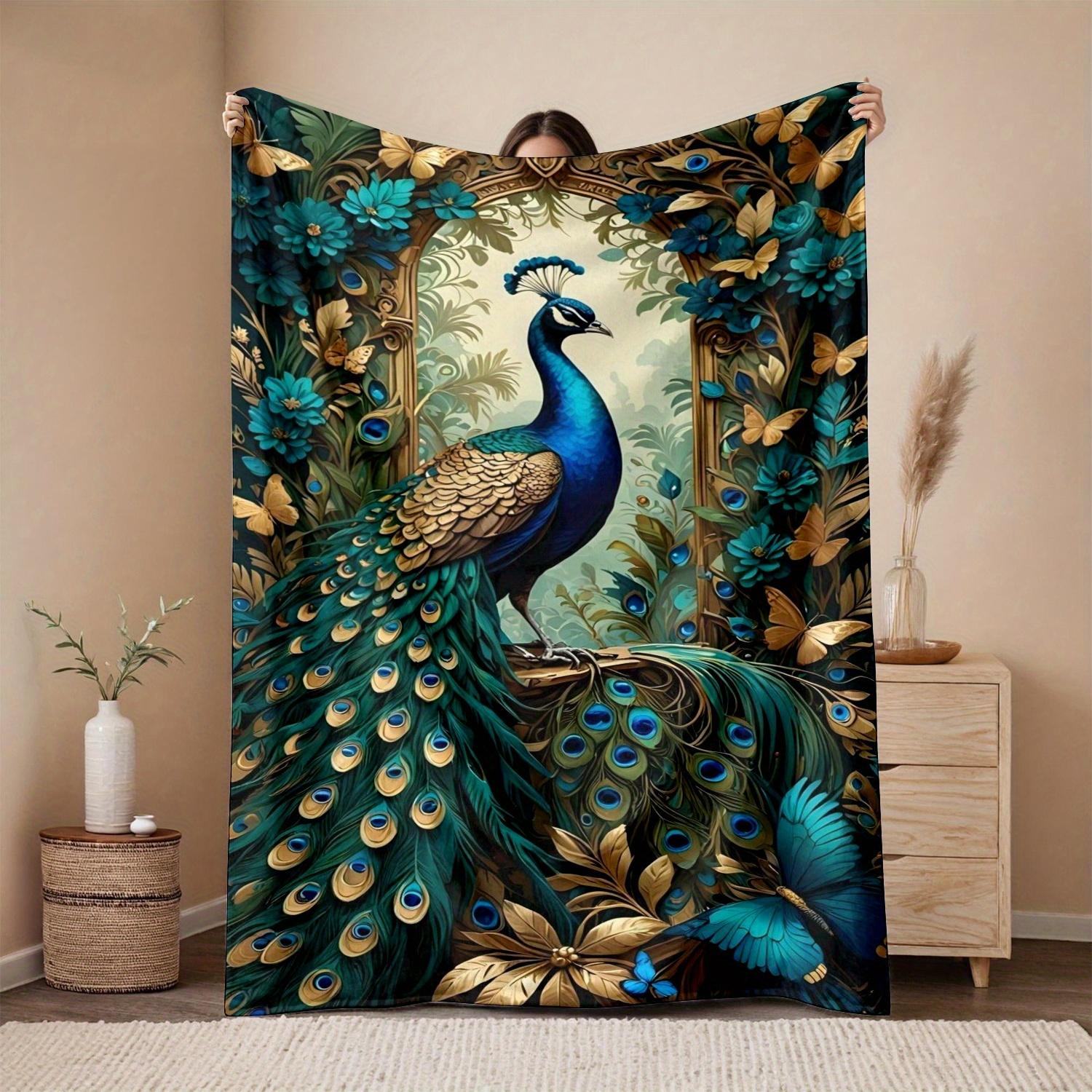 1pc Luxury Peacock & Golden Floral Luxury Flannel Throw Blanket - Turquoise Green/Blue/Golden/Black/Golden Brown, 75X95CM