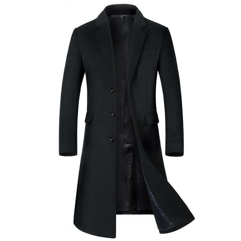 Men's Long Wool Coat with Suit Collar and Thick Cotton Lining