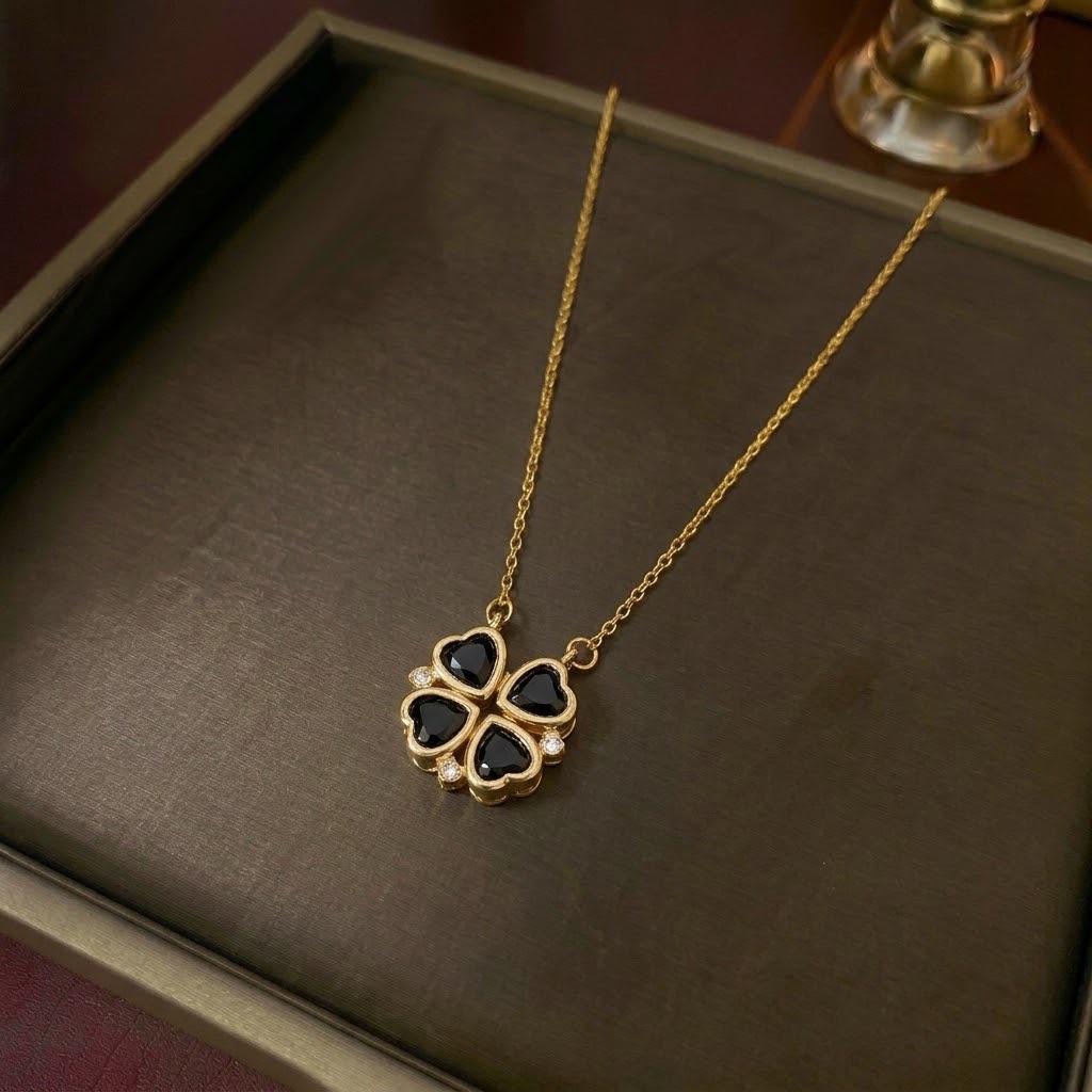 Women's Heart-Shaped Necklace with Four-Petal Flower, Cubic Zirconia, Titanium Steel Clavicle Chain - Elegant and Versatile Accessory