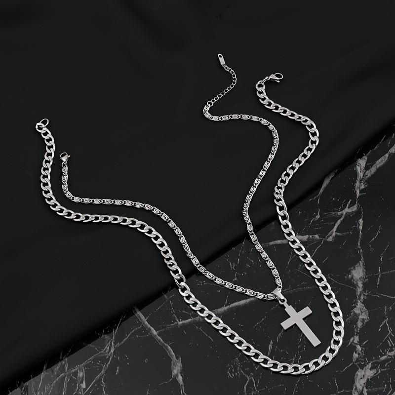Stainless Steel Necklace Personalized Cross Necklace Cuban Chain High-end Titanium Steel Jewelry Two-piece Set