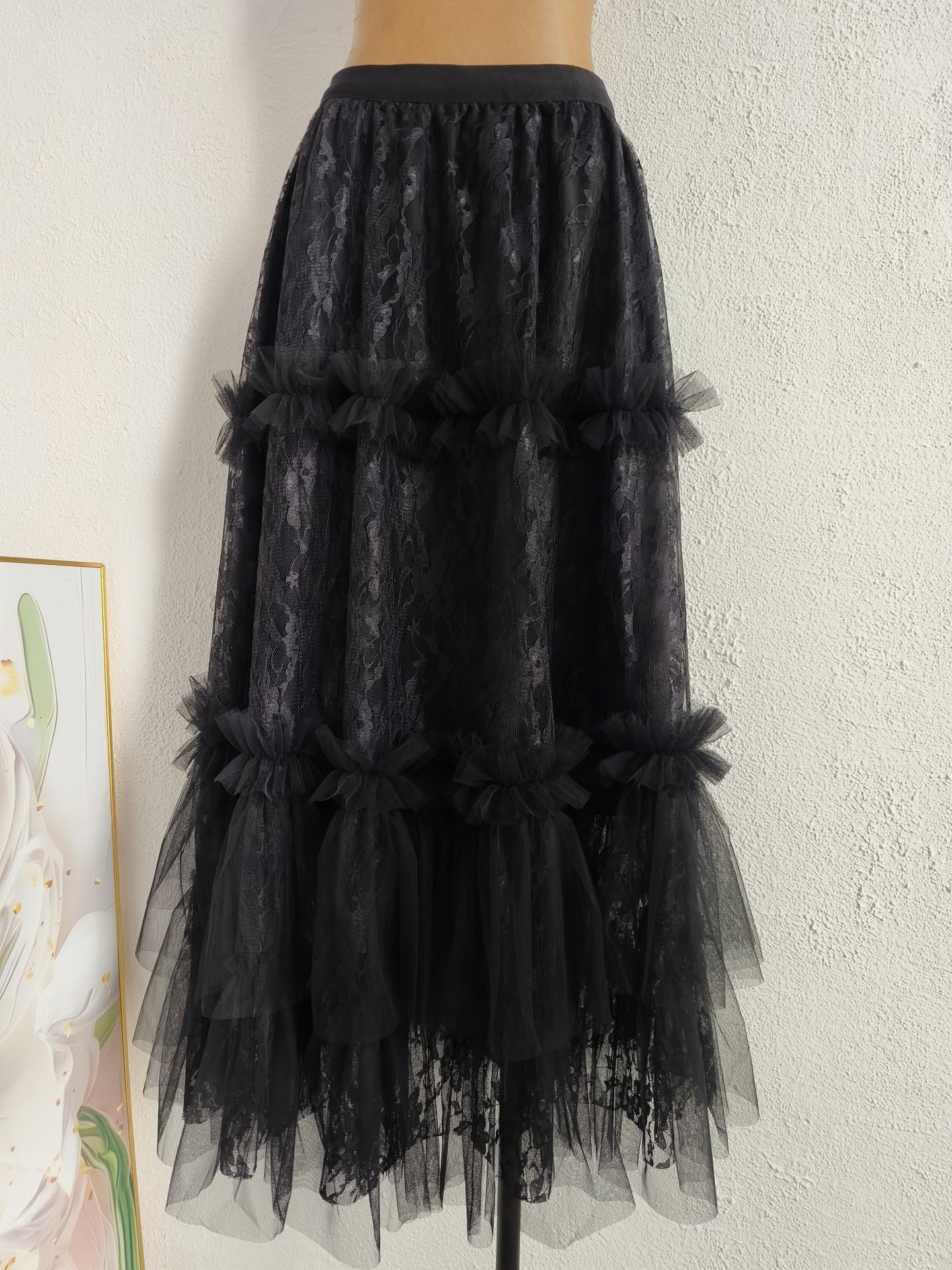 2026 Spring Sweet Ruffle Fairy Gauze Skirt with Lace Trim One Size чёрный