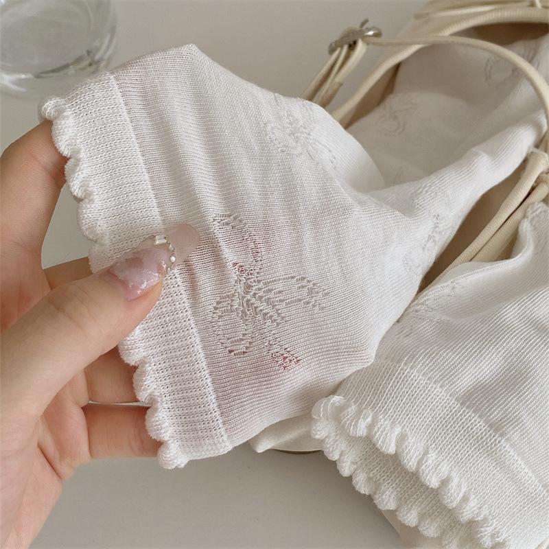 Women's Summer Solid Shade Bow, Bubble Rim Lace Boneless Pile Cotton Socks