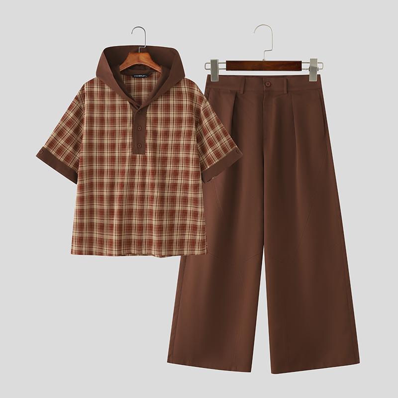 

INCERUN Two Pieces Men Print Short Sleeve Plaid Hooded T-shirts Long Straight Pants Sets Outfits 5XL коричневый