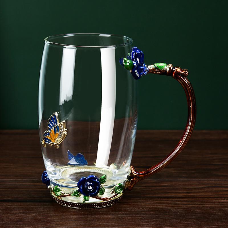 

Емальована скляна кружка з декором у вигляді троянди та метелика, з кришкою та ложкою, креативна чашка для чаю з позолоченою ручкою для подарунка та домашнього використання 350ml