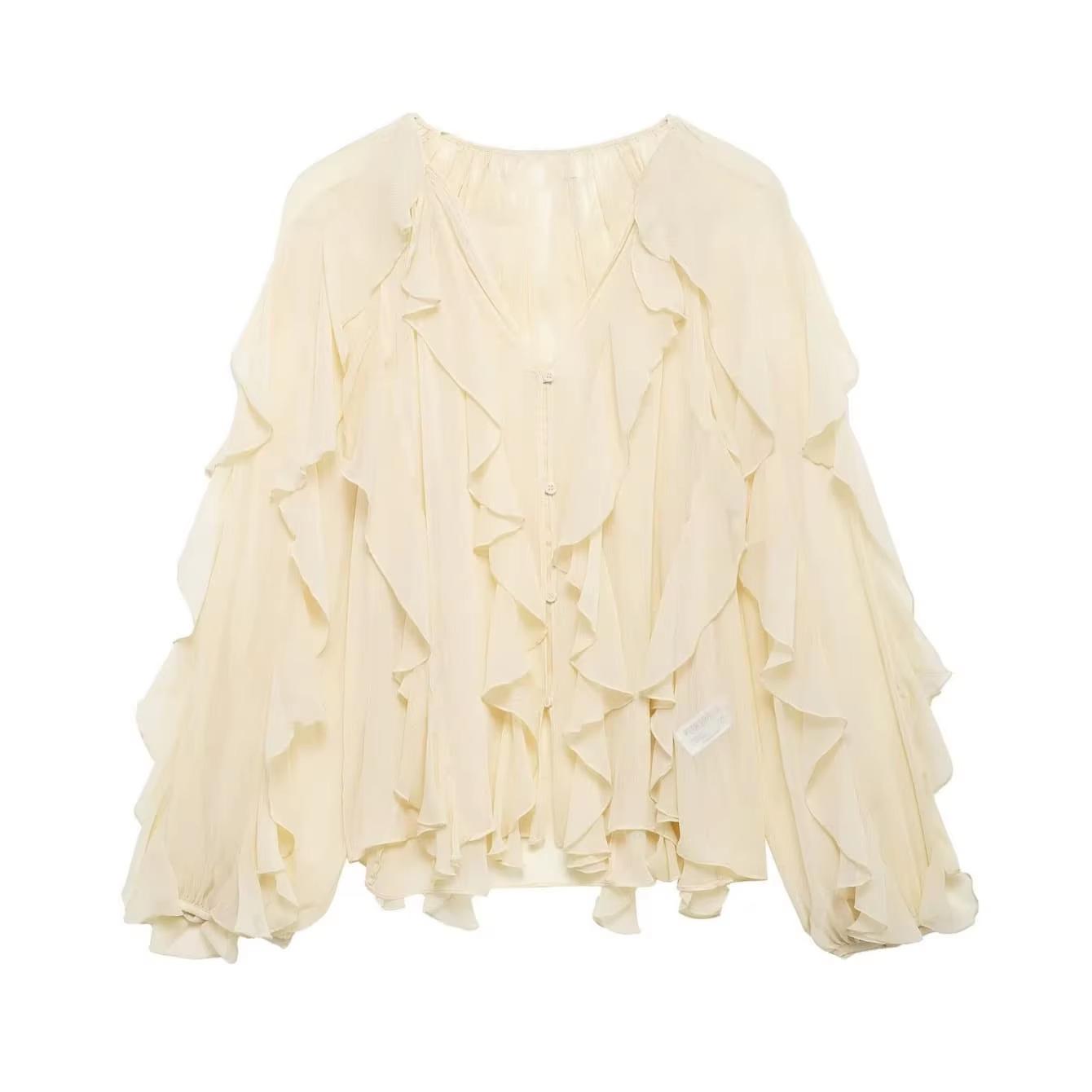 

Весна/Лето 2025 Женская Свободная Минималистичная Рубашка с V-образным Вырезом и Длинным Рукавом, Многослойная Small грязно-белый