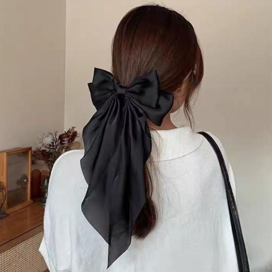 Damen Haarnadel Große Schleife Einfarbig Elegant Doppellagig Lange Haardekoration Pferdeschwanz-Clip Satin Vintage Haarspange Haaraccessoires