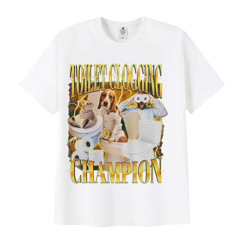 Funny Toilet Clogging Champion Cat Dog Man Graphic T-shirt XXL