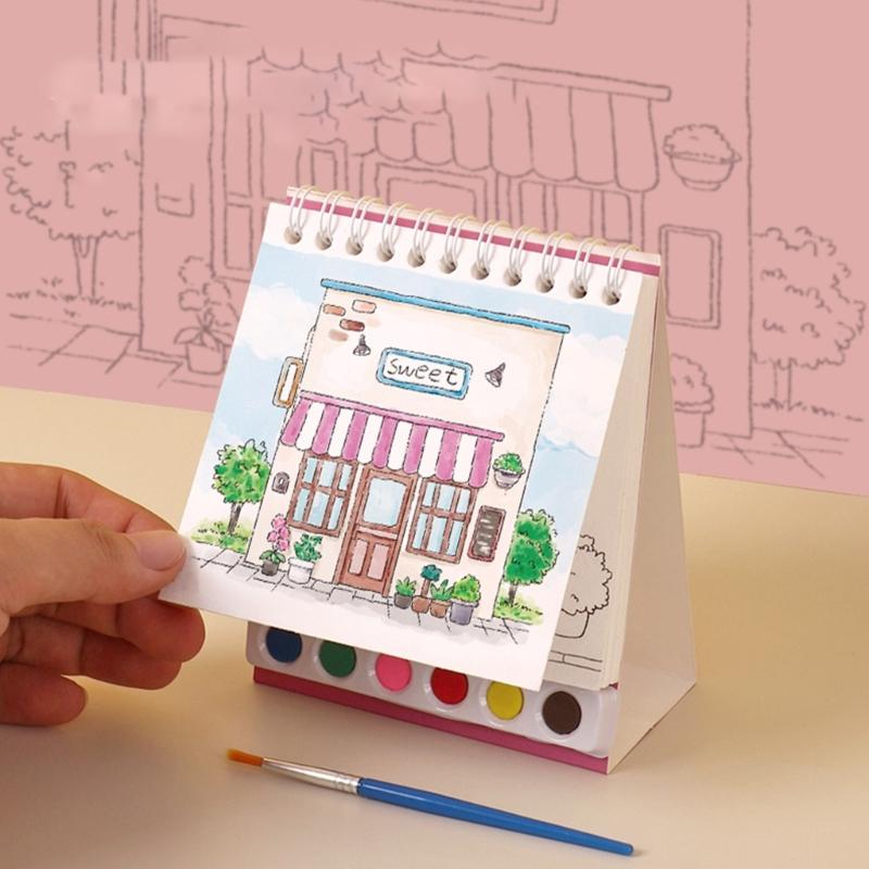 Kids Doodling Book with Watercolor Paint and Brush Twin Coil Binding Art Drawing Pad for Kid Beginner Outdoor Sketching