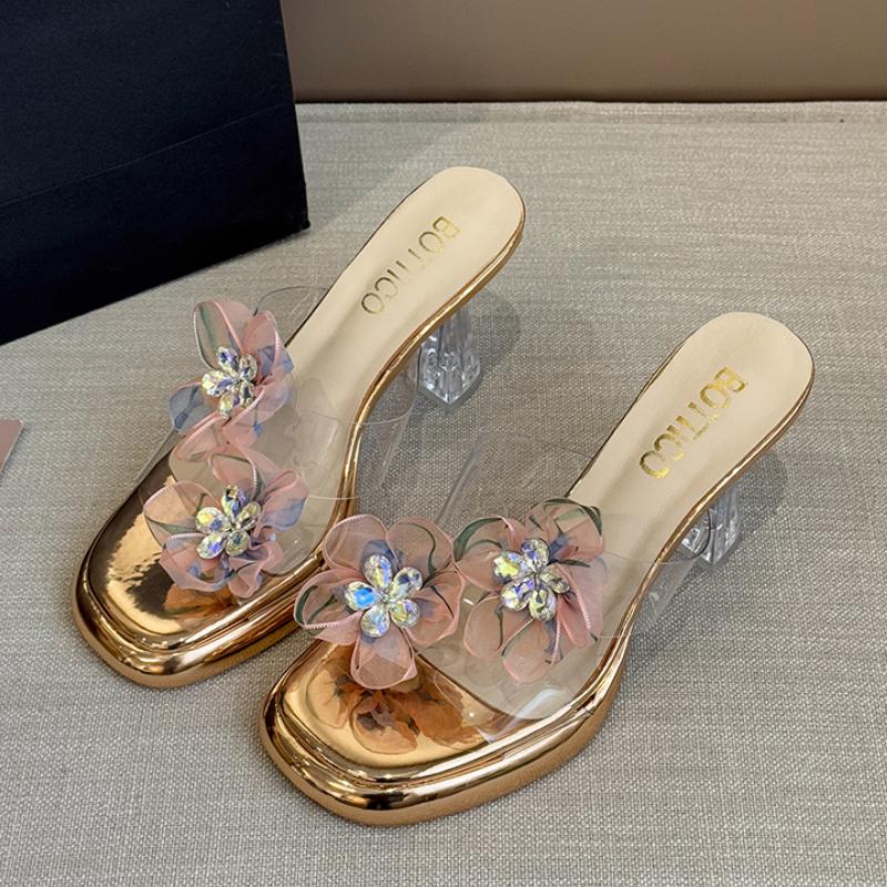 Fashion Luxury Crystal High Heels Slippers Designer Flower Shallow Shoes Summer New Sandals Pumps 2025 Brand Chunky Zapatillas De Mujer