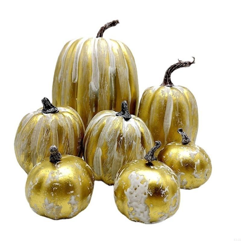 KX4B Stylish and Realistic 7Piece Gold Pumpkin Decor Set with Different Sizes and Shimmering Design DIY Halloween Decorations