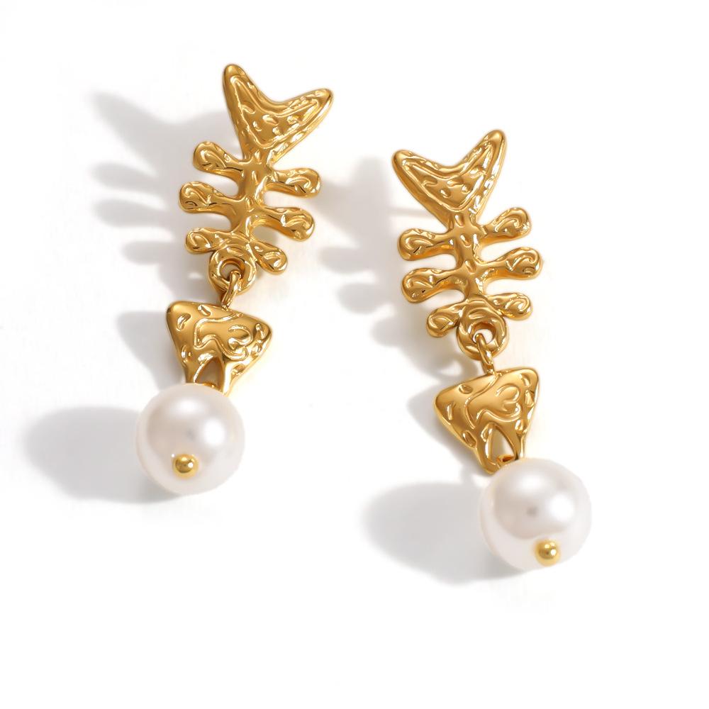 Stainless Steel Fishbone Pearl Tassel Earrings - Non-fading & Waterproof Studs