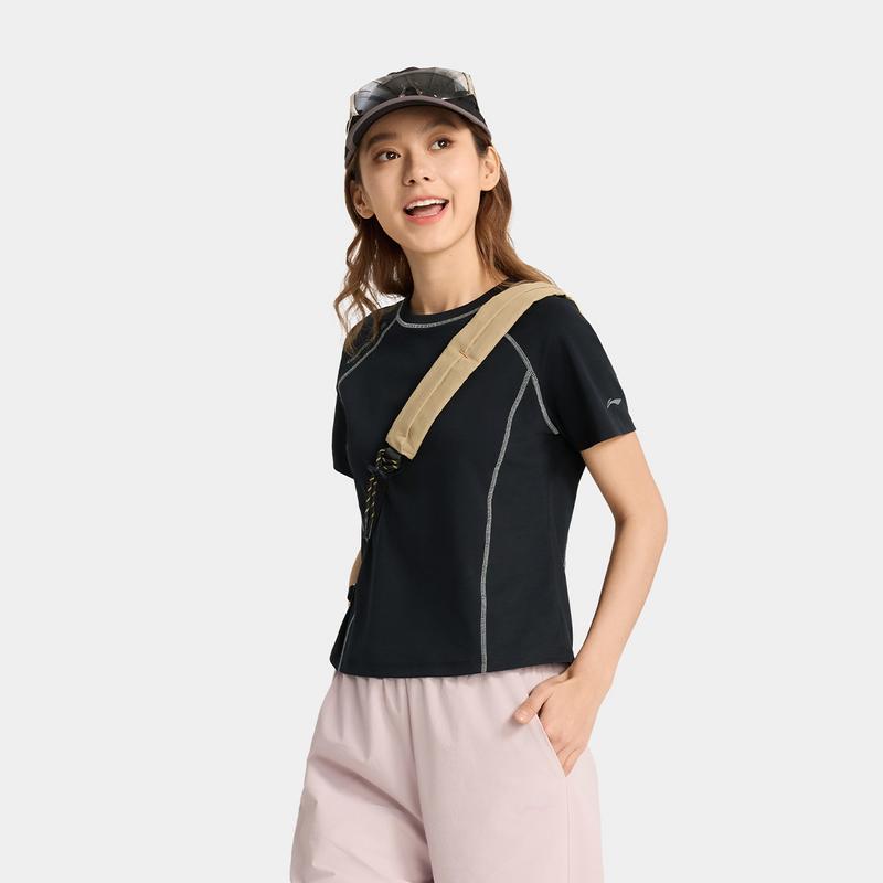 Li Ning CF Outdoor Series Solid Color Cool Comfortable Skin-Friendly Antibacterial Short Sleeve T-Shirt Women T-Shirts Black ATSV196-3