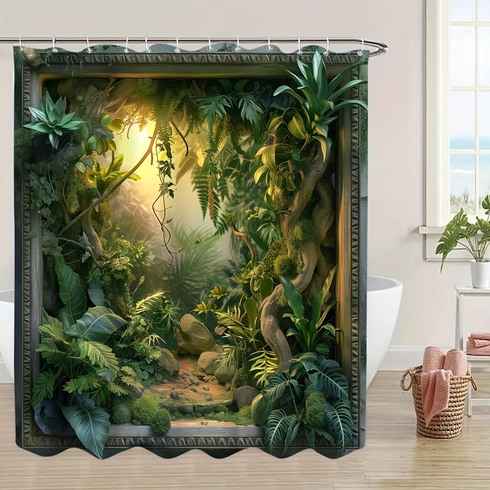 Enchanting Jungle Scene Bath Curtain - Lush Greenery & Sunlit Path; Waterproof Home Decor Adds Tropical Charm to Your Bathroom.