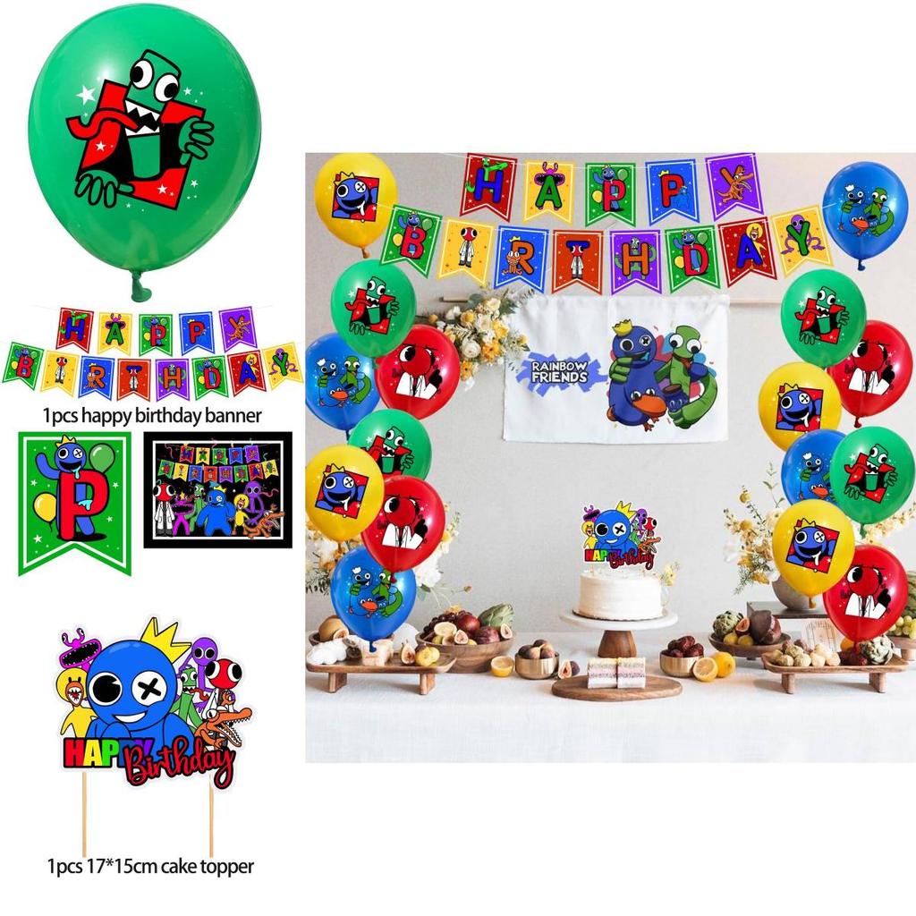 All-in-one Party Supplies Set Includes 26 Pieces Of The Rainbow Friends Theme Including Flags Big And Small Cake Toppers And Mixed Color Balloons.