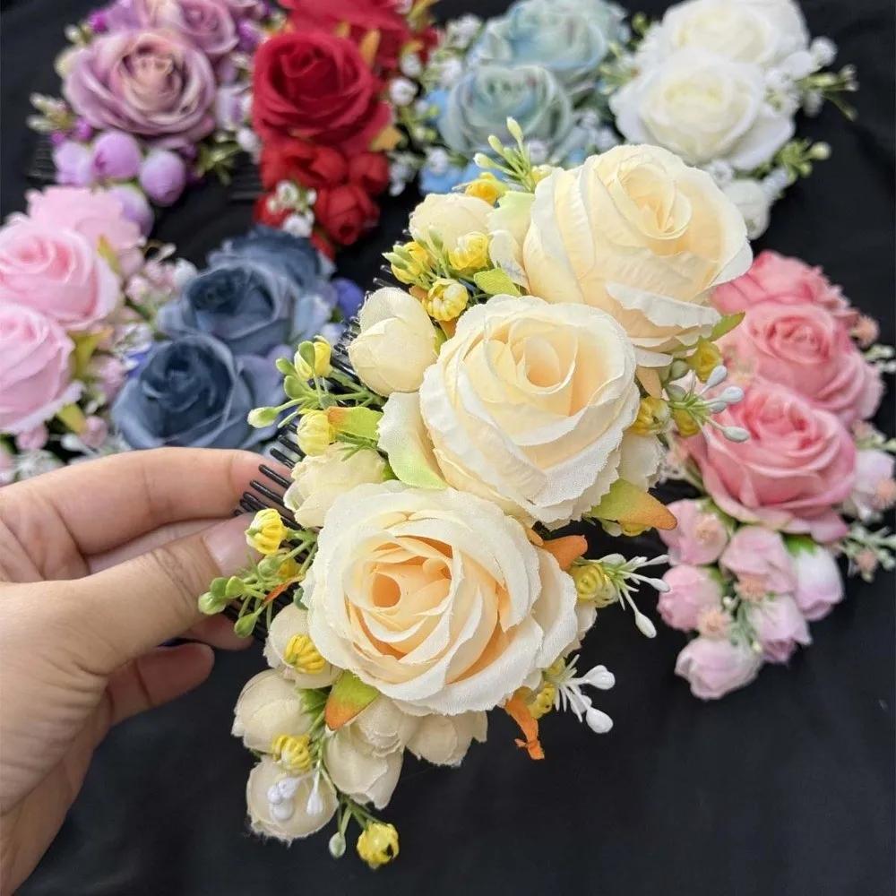 Handmade Sweet Flowers Hairpin Rose Floral Headwear Rose Hair Comb Plastic Cloth Chignon Hair Clips Girls