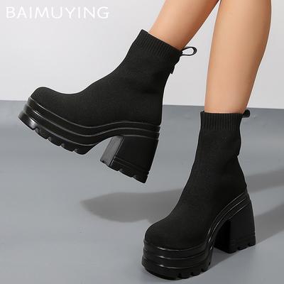 Knitting Platform Women Ankle Sock Boots Sexy High Heels Winter Shoes 2025 Trend Winter Designer Chunky Pumps Goth Botas Mujer