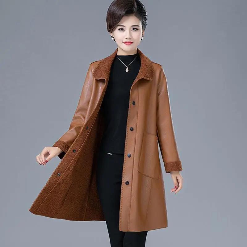 Vinter mote skinnfrakk for kvinner Lammepels pluss fløyelsfortykning Middels lang skinnfrakk i stor størrelse