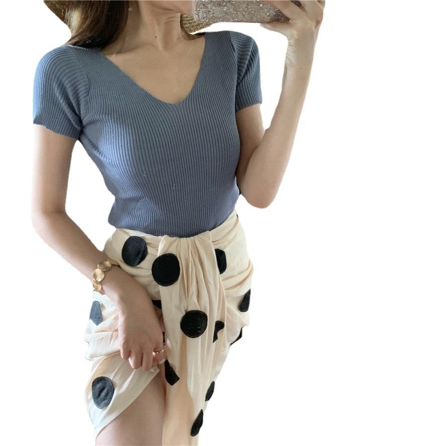 Sommer Slim Dünnes V-Ausschnitt Unterhemd Retro Kurzarm T-Shirt Hundert Gestrickte Pullover Tops Damen Linie Kleidung Lässige Slim Fit Pullover T-Shirts