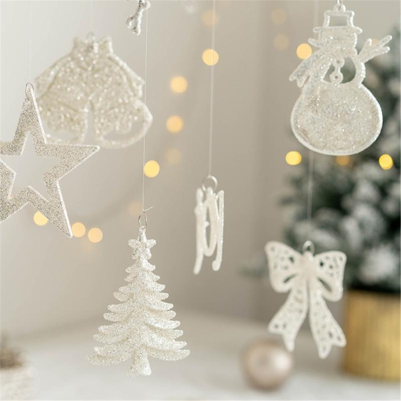 6 Pieces Holiday Decorations Shimmering Snowflake Bell Star Snowman Ornament Christmas Tree Hanging Accessories