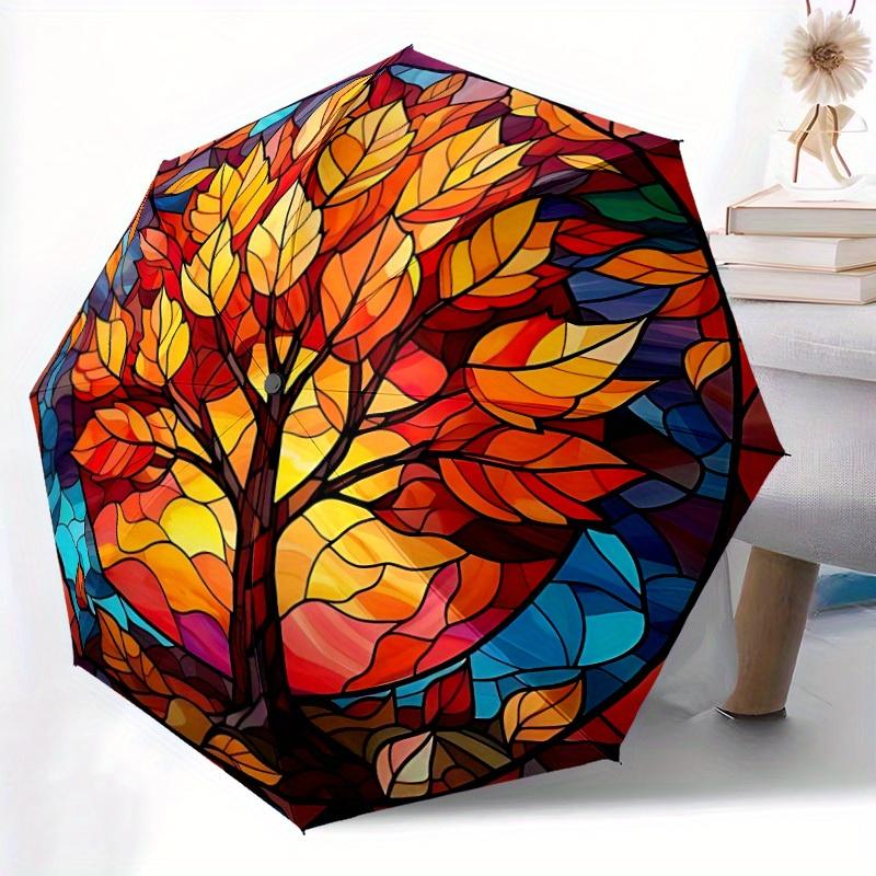 1pc Autumn Tree Pattern Automatic Opening/Closing Folding Umbrella with 35 Ribs, Plastic Handle, Windproof Portable Sunshade Umbrella y250726075