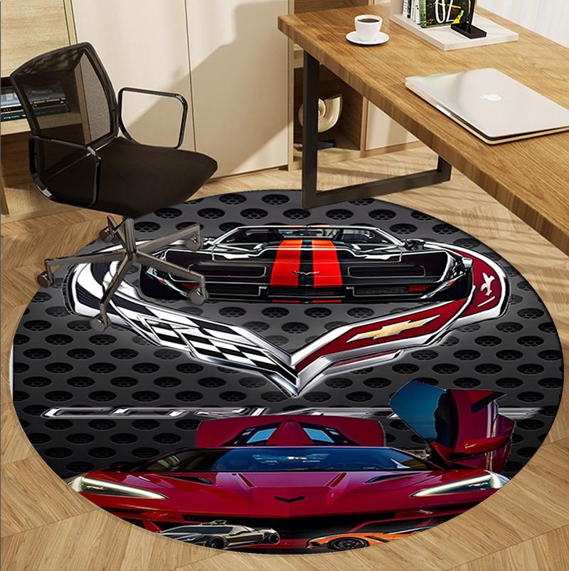 Chevrolet Corvette Desenli Yuvarlak Halı, İç/Dış Mekan Paspası, Piknik, Oyun Odası, Yatak Odası, Ofis, Oturma Odası, Ev Dekorasyonu Halısı, Doğum Günü Hediyesi