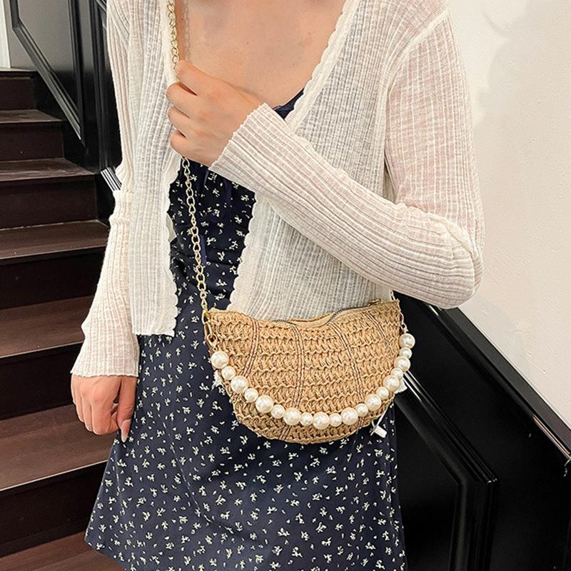 Spring New Casual Straw Woven Beading Shoulder Bags High Quality Personality Fashion Portable Crossbody Bags for Women