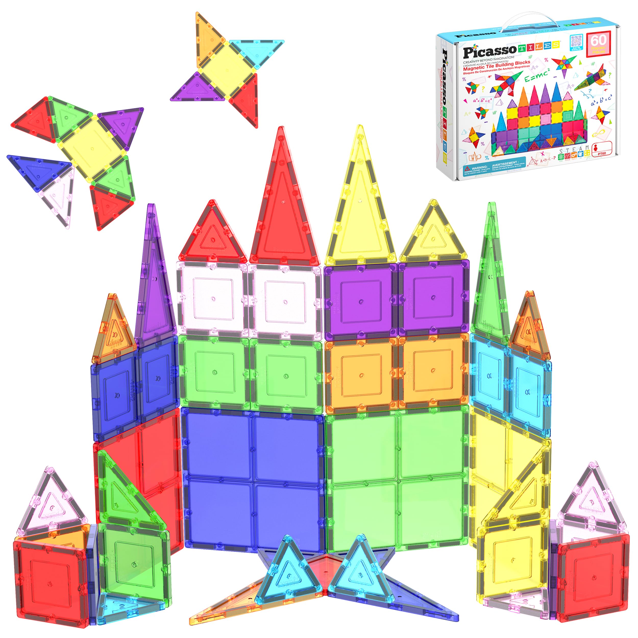 

PicassoTiles Set of Magnetic Building Clear Magnetic 3D Building Blocks for Construction Playboards Unlock Your and More 60-Piece Tiles, - Creativity,