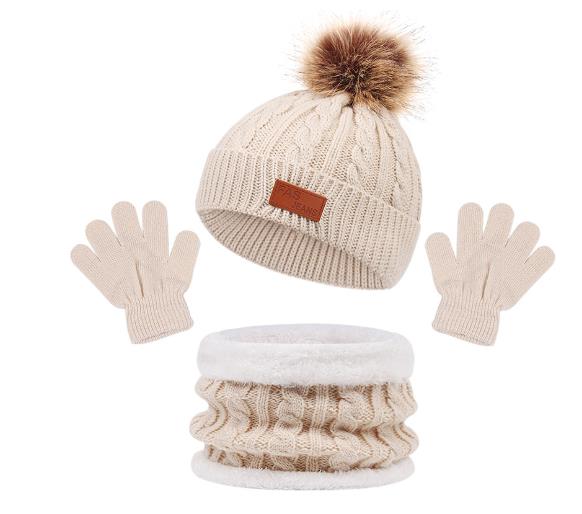 3 Stück Baby Mütze Schal Winter Gestrickt Polyester Beanie Kleinkind Mütze Kinder Junge Mädchen Säugling Flacher Rand Bommel Mützen Set Warm