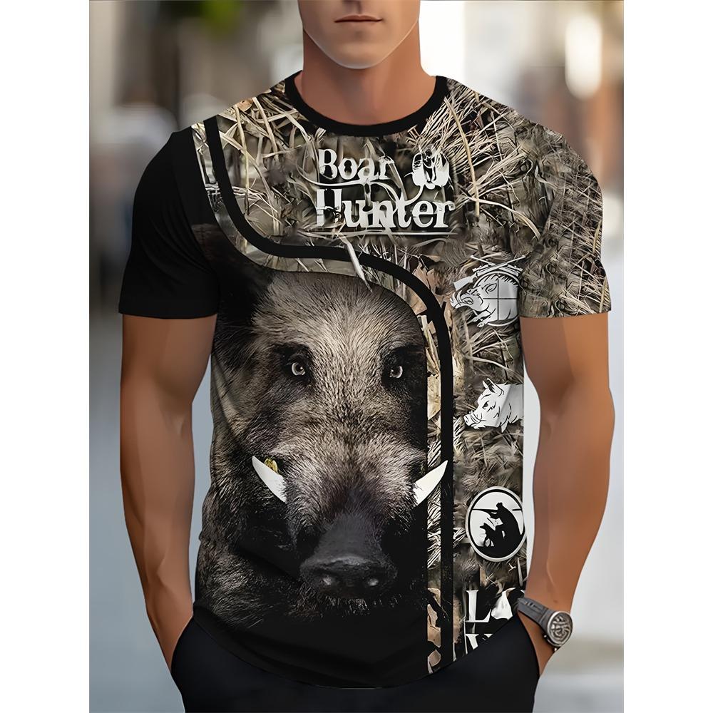 New Fashion Men's Crew Neck Short Sleeve T-Shirt with 3D Wolf and Dragon Print, Men's Casual Sports Streetwear Top