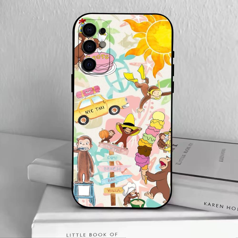 M-C-Monkey-Curious George Phone Case Black Silicone Soft For Samsung S25,S24,S21,S22,S23,S30,Ultra,S20,Plus,Fe,Lite